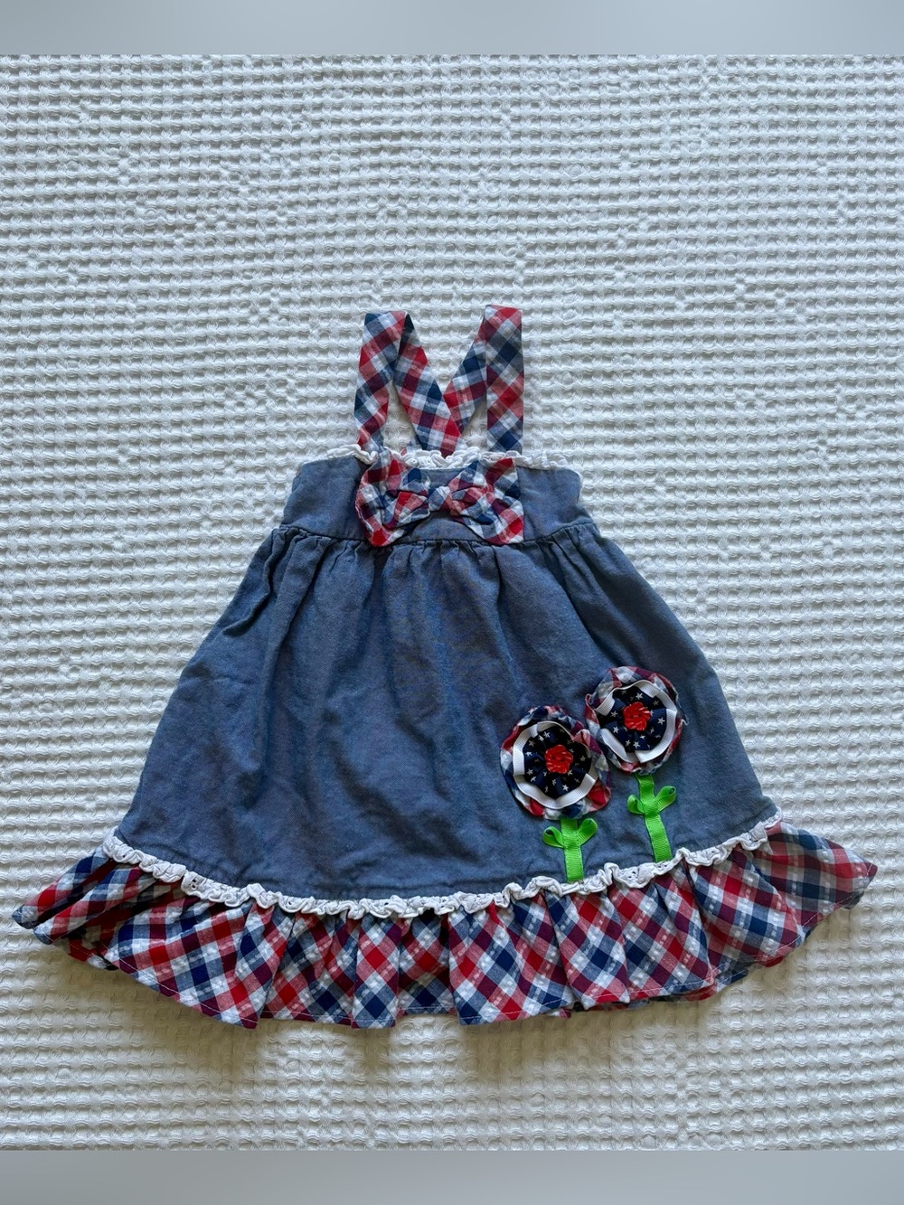 Bonnie Baby Chambray Plaid Sundress Red White Blue Flower Applique 4th July 18M